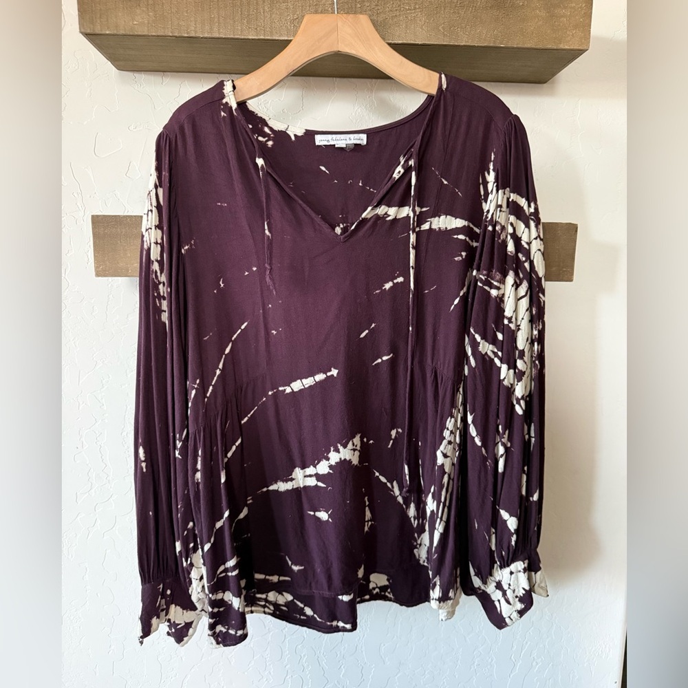 Young Fabulous & Broke|Plum & tan Tie-Dye V-Neck balloon sleeve blouse•••LARGE - Picture 2 of 10